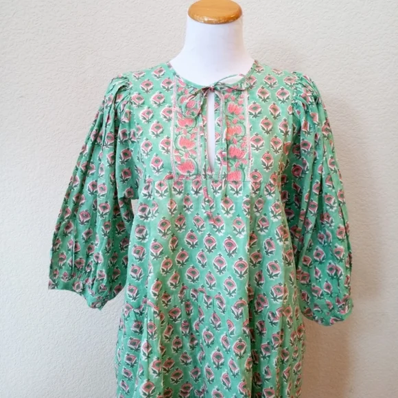 Marea mint green and pink block print balloon sleeve babydoll dress - Picture 3 of 8